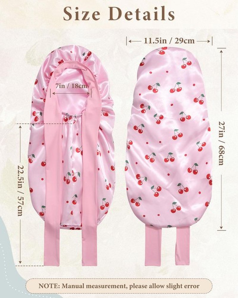 AWAYTR Long Satin Bonnet for Sleeping, Reversible Double Layer Hair Bonnet with Elastic Tie Band (Cherry Print+Pink)