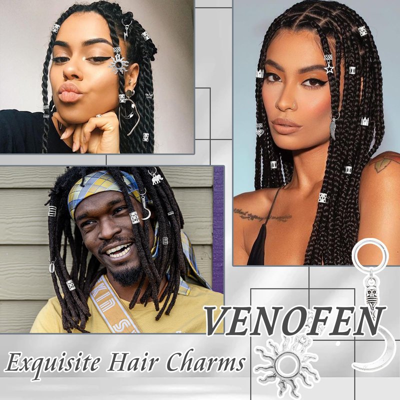 VENOFEN 219PCS Hair Jewelry for Braids Silver Shells Star Braid Clips Snake Loc Charms Metal Hair Cuffs Rings Braid Accessories Hair Decoration for Women