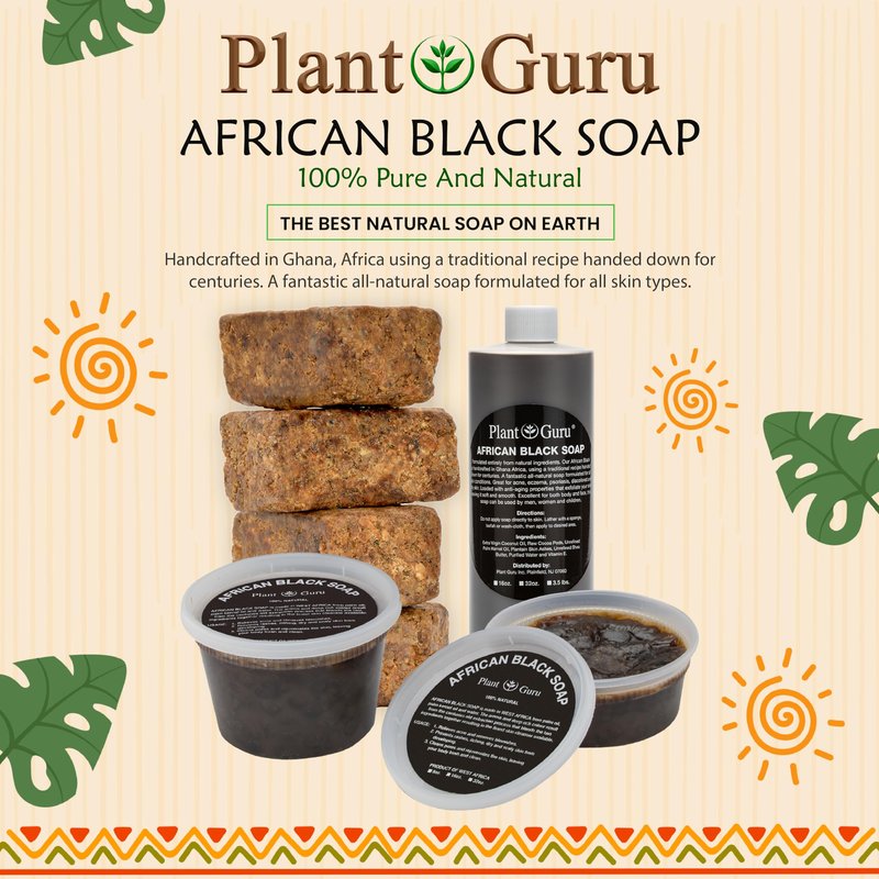 Plant Guru African Black Soap Paste 8 oz. - Pure & Natural Traditional Skincare for Face, Body & Hair. | Handmade Cleanser for All Skin Types. Imported From Ghana.