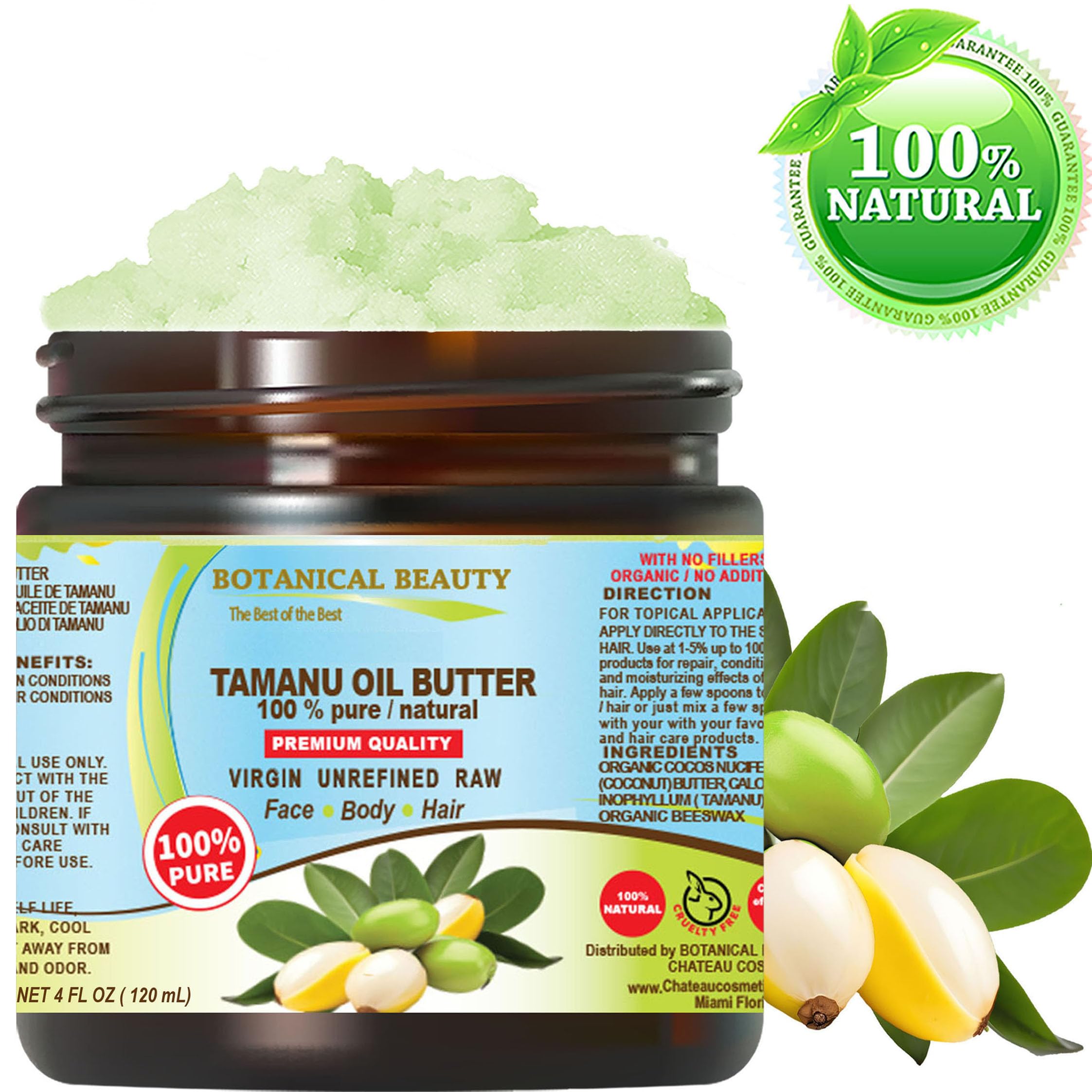 Botanical Beauty TAMANU OIL BUTTER RAW 100% Pure Natural VIRGIN UNREFINED Cold-Pressed Carrier for Face, Skin, Body, Hair, Lip, Nails. Rich in Vitamin E (4 Fl Oz)
