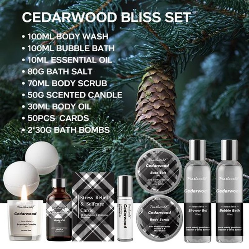 Skiennix Men's Spa Gift Set - Cedarwood Bath & Body Care Kit | 12-Piece Home Spa Essentials for Men