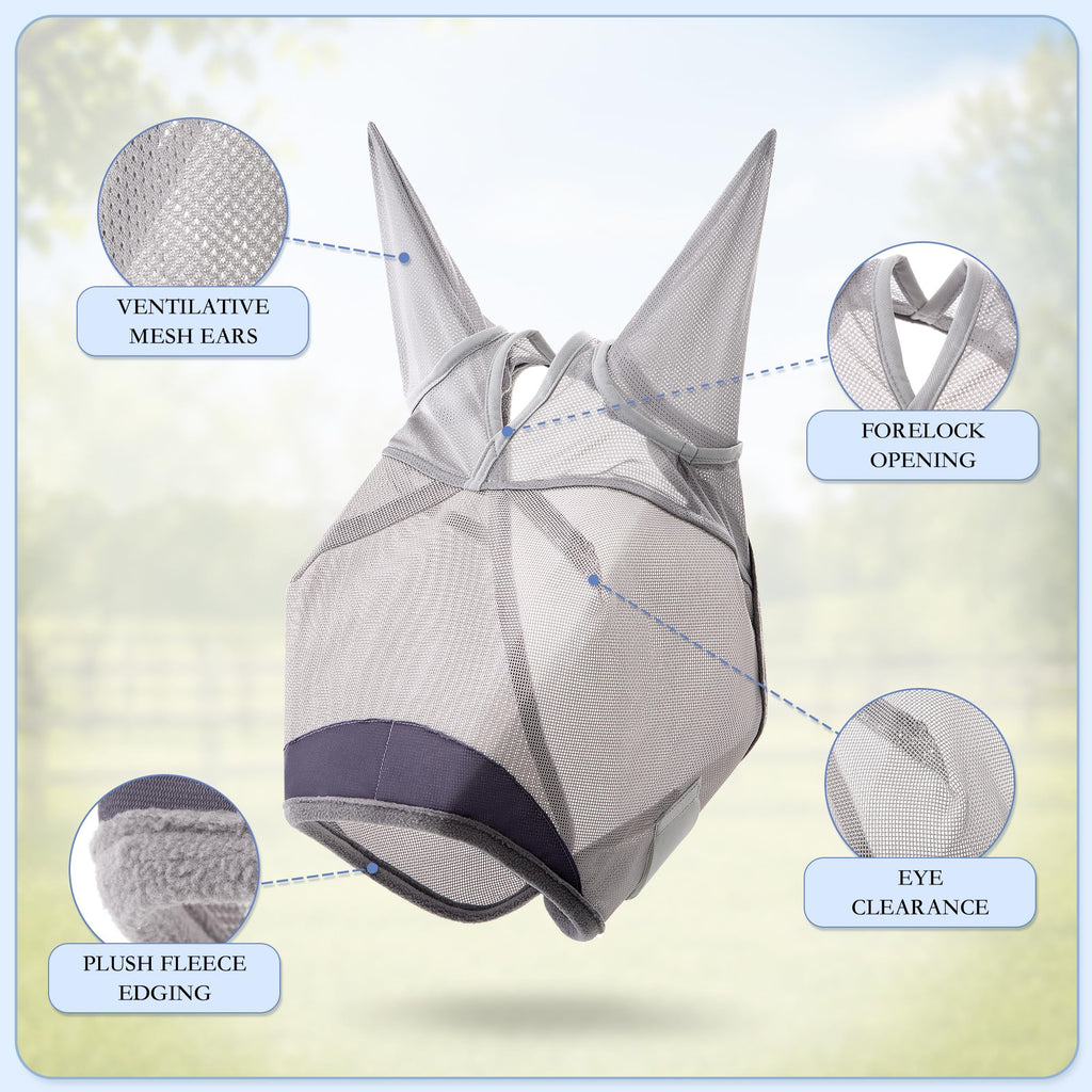 Horse Fly Mask with Ears - UV Protection Fine Mesh Super Comfort Fly Masks for Horses, Adjustable Breathability Horses Masks, Pony Equine Fly Mask for Miniature Foal Draft Cob Srabian Full (Gray, L)
