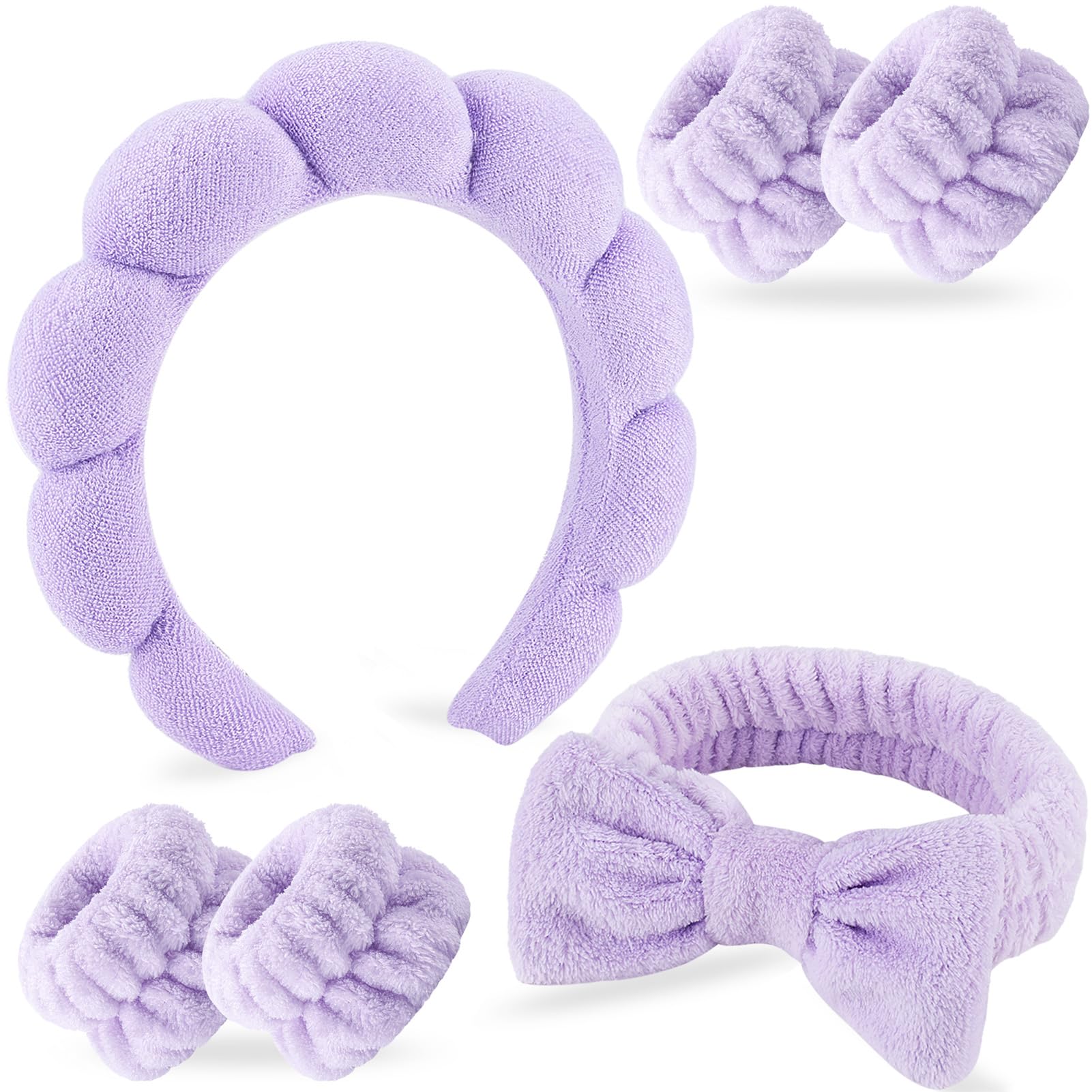 Zkptops 6Pcs Spa Headband for Washing Face Wristbands Set Women Bubble Makeup Sponge Terry Cloth Padded Puffy Skincare Headband Bow Tie Hairband Cute Non Slip Thick Hair Accessory Gifts (Purple)