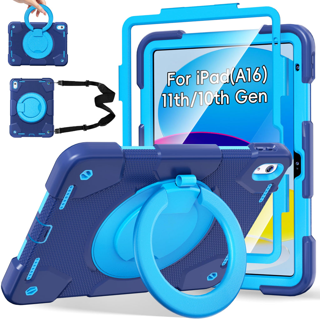Andnary Case for iPad (A16) 11th/10th Generation 11/10.9 Inch 2025/2022 with Screen Protector/360° Rotate Stand/Shoulder Strap/Pencil Holder, Shockproof iPad 11th/10th Gen Cover (Navy+Blue)