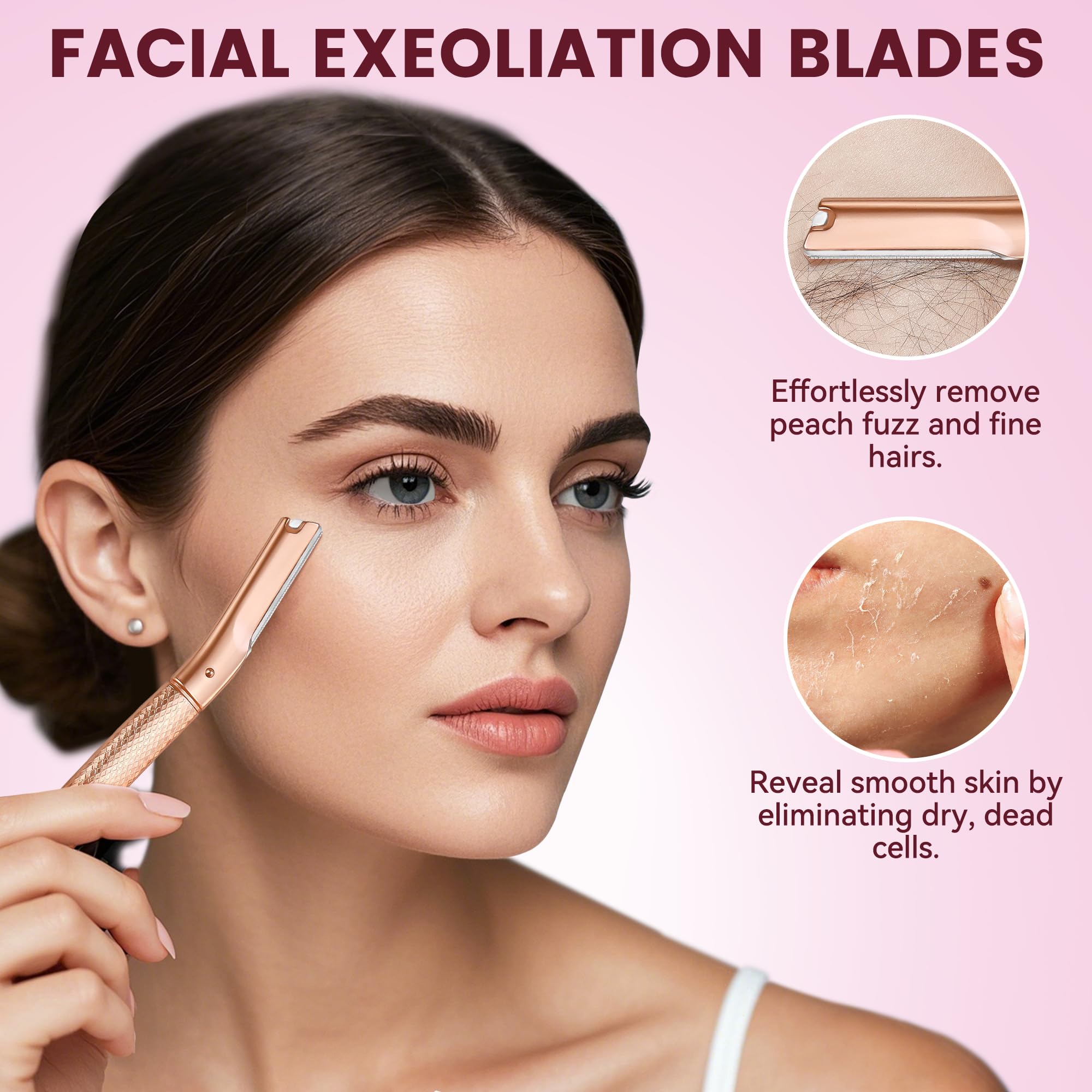 Derloyo Dermaplane Razor for Women Face, 12 Refill Blades, Rose Gold
