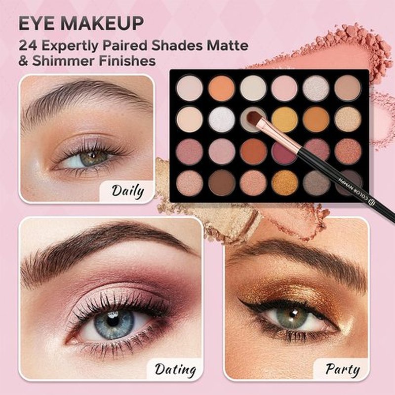 Color Nymph Beginner Makeup Kit - 24-Color Eyeshadow Palette, Blushes, Bronzer & Lipstick | Pink Cosmetic Train Case Included