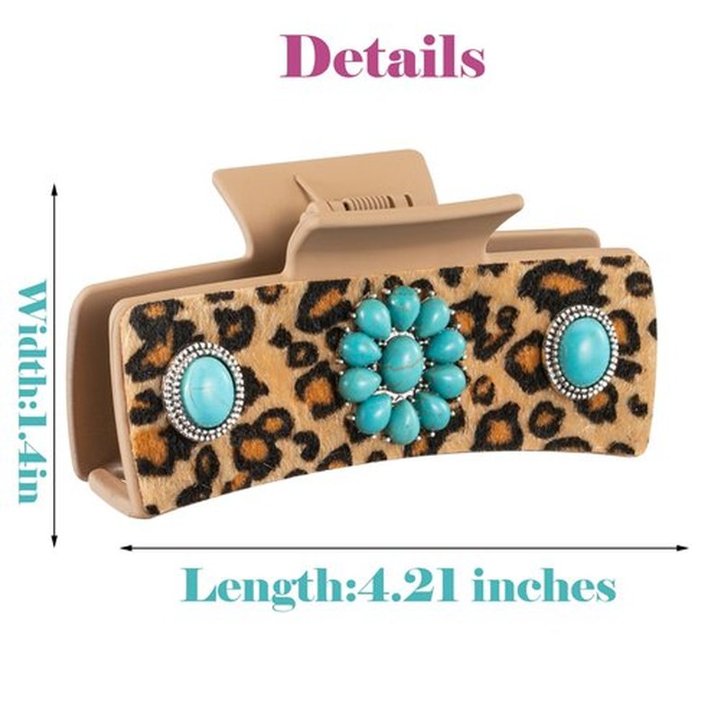 Mixcbe Western Turquoise Hair Clip with Leopard Pattern, Cowgirl Brown Square Hair Clip, 4.1 inch, Large Western Cowgirl Stuff Gift for Women Girls
