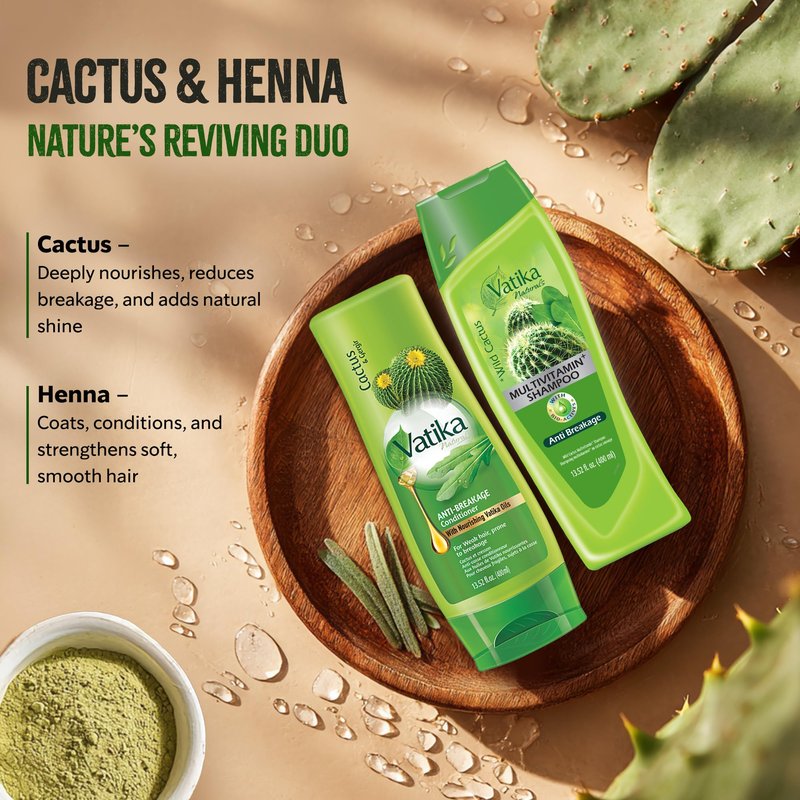 Vatika Naturals Cactus Shampoo & Conditioner Combo – Strengthens Weak Hair, Repairs Damage, Deeply Hydrates & Reduces Breakage, With Cactus & Henna for Smooth, Healthy Hair, 400ml