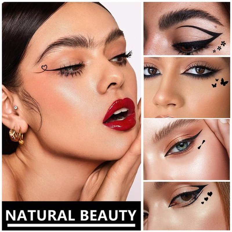 QIUFSSE 5Pcs Double-headed Liquid Eyeliner Stamp Pencil Set,Winged Eyeliner Stamp Pen Women Black Long-lasting delineador de ojos,(Heart/Flower/Star/Butterfly/Cone) Shape Eye Liner Stamp