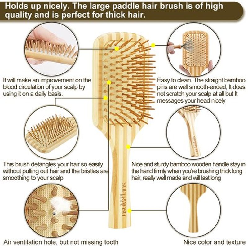Bamboo Hair Brush Comb Set for Women Men, Wood Bristle Paddle Detangling Brush, Wide Tooth Comb for Curly Wavy Thick Thin Wet Dry Hair, Brush Cleaning Tool Included - 4 Pack