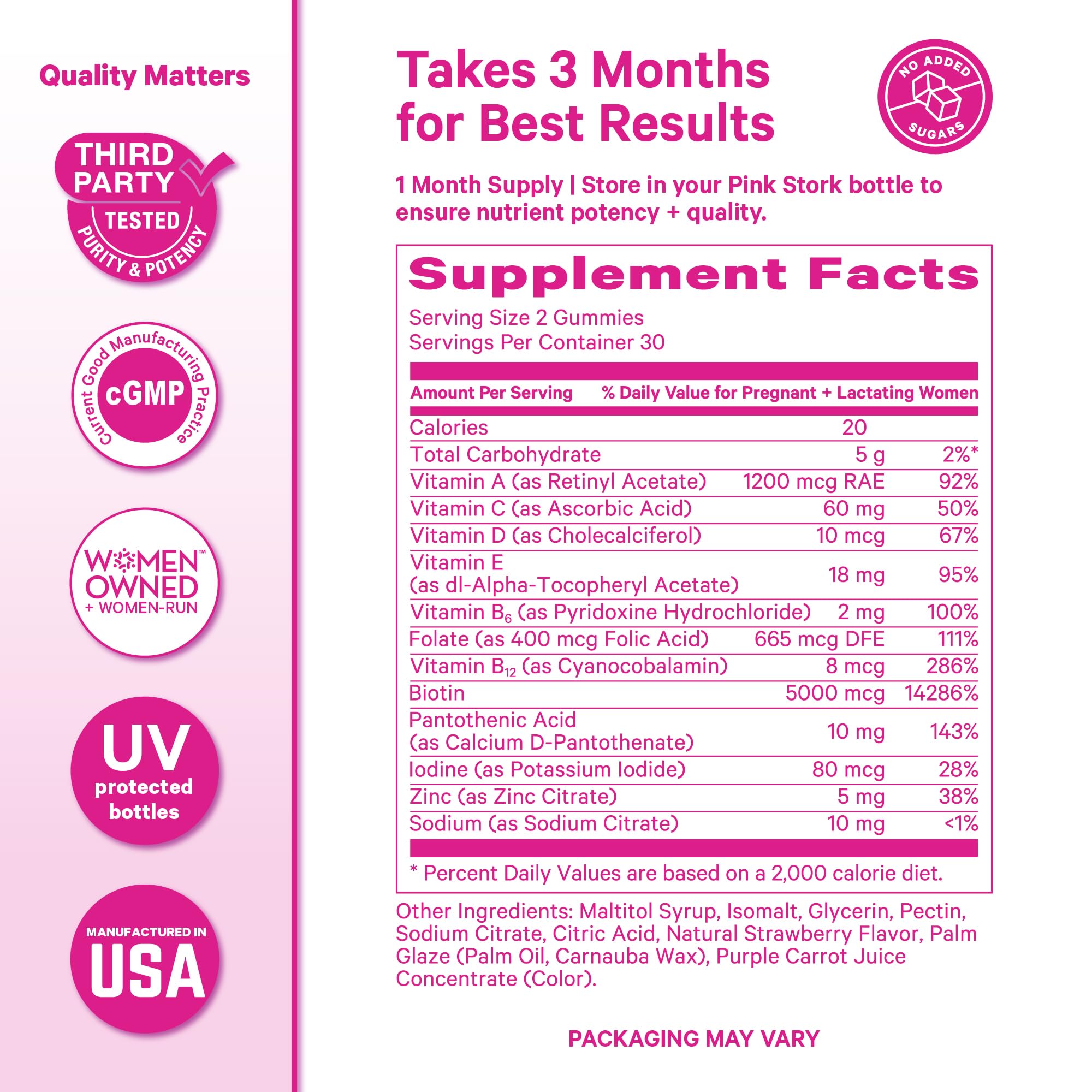 Pink Stork Postpartum Hair Loss Gummies | Biotin, Pantothenic Acid, Vitamin E, B6, B12 | Postnatal Hair Growth + Regrowth Support | Breastfeeding-Friendly | Postpartum Essentials | 60 Gummies