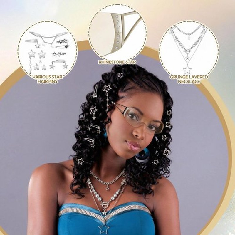 Fourluoo 60 Pcs Y2k Accessories Set Included Y2k Choker Bracelet Ring Sunglasses Hair Clips Chain Belt 2000s Accessories Set (Gradient Silver, Silver)