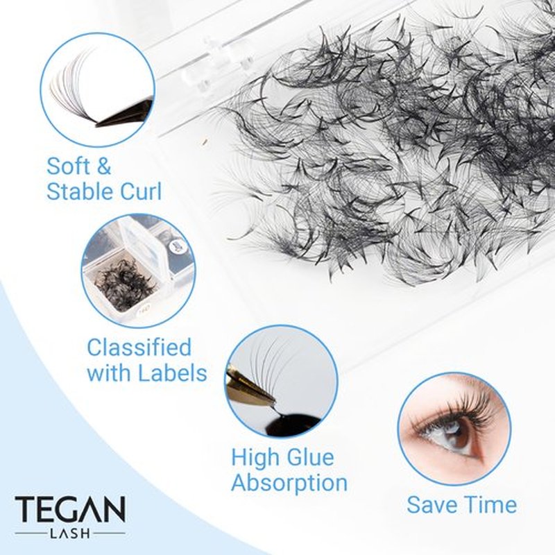 TEGAN LASH Promade Fan Mix Eyelash Extensions, From 3D - 16D, 0.03/0.05/0.07, C/CC/D, 9-15mm, Pre Made Eyelash, Easy Apply Premade False Eyelashes, Pestañas Abanicos Extensiones (3D, 0,07, CC, Mix)