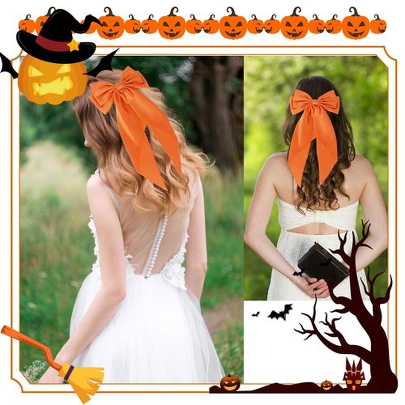 Halloween Fall Orange Hair Bows for Women, 2PCS Silky Satin Hair Bows with Long Tail Oversized French Hair Bow Barrettes Hair Accessories for Halloween Thanksgiving Autumn Holiday