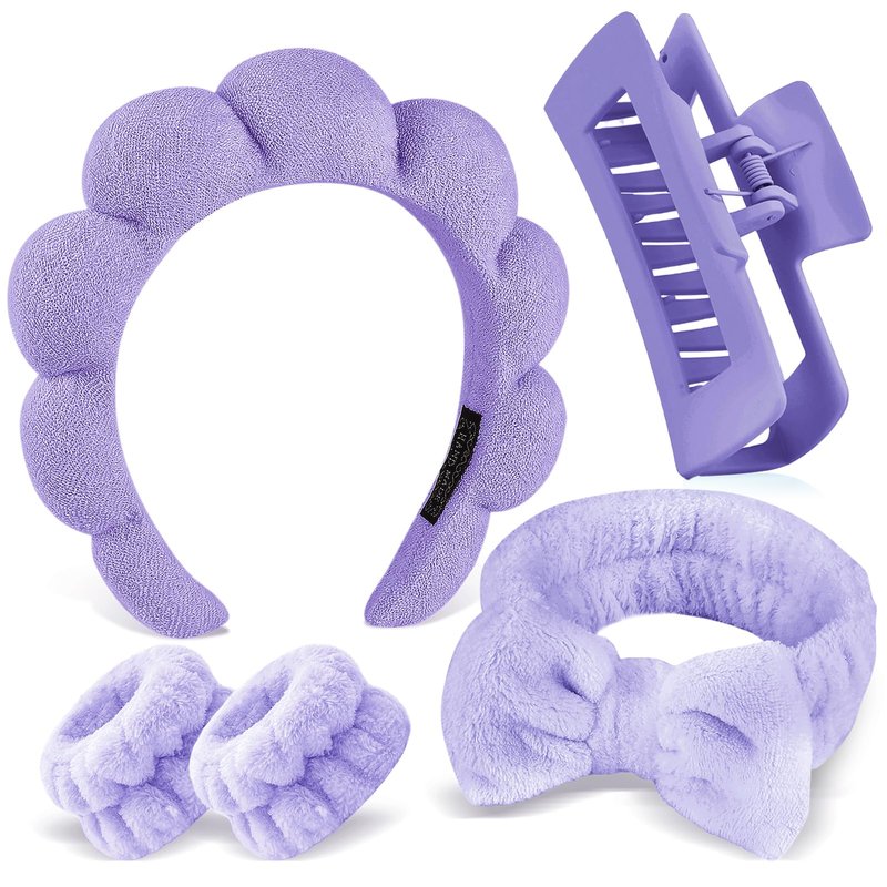 Zkptops 5Pcs Spa Headband for Washing Face Wristband Set Sponge Makeup Skincare Terry Cloth Bubble Soft Hairband Claw Clips for Thick Hair Puffy Padded Headwear Non Slip Hair Accessory (Purple)