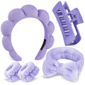 Zkptops 5Pcs Spa Headband for Washing Face Wristband Set Sponge Makeup Skincare Terry Cloth Bubble Soft Hairband Claw Clips for Thick Hair Puffy Padded Headwear Non Slip Hair Accessory (Purple)