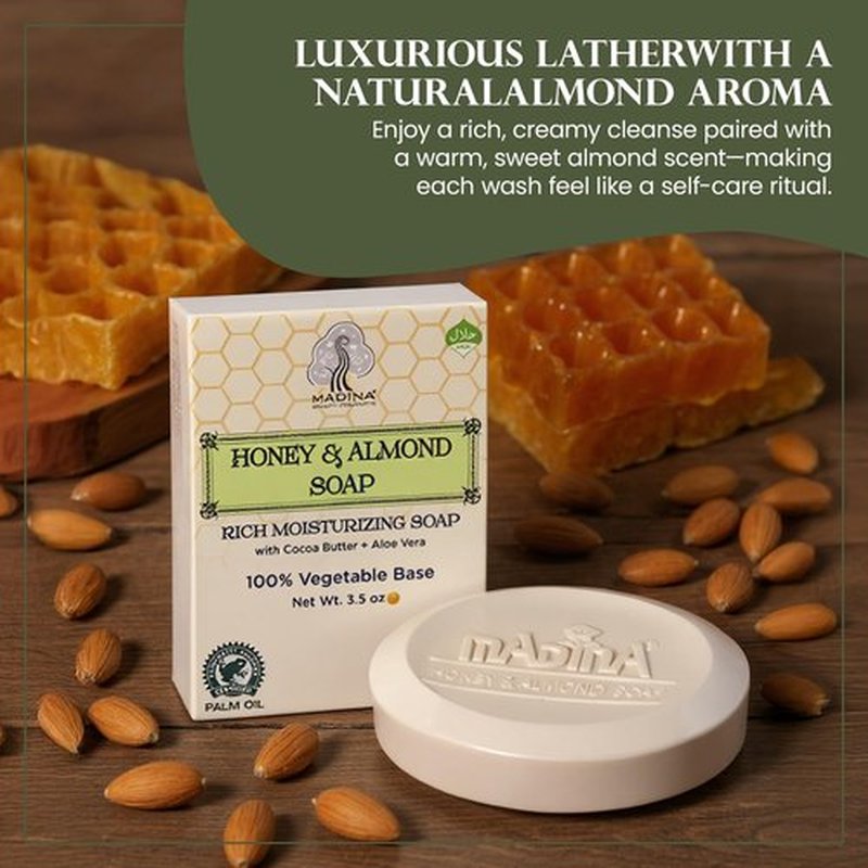 Madina Honey & Almond Soap Bar – Moisturizing, Nourishing, Sweet Almond Oil, Honey, Cocoa Butter, Aloe Vera, 100% Vegetable-Based, Halal Certified, 6 Pack (3.5 oz Each)