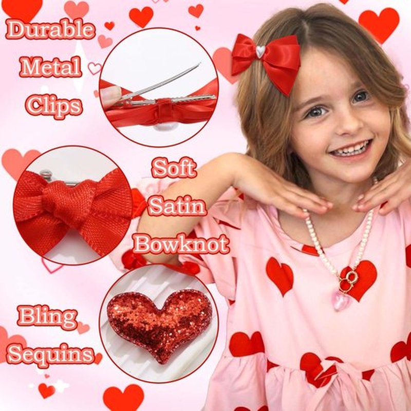 STGDAK Red Hair Bows For Girls Cute Heart Clips Valentines Bow Clip Glitter Sequin Heart Hairpin Mini Bowknot Barrettes Satin Ribbon Bow Valentine's Day Hair Accessoires For Women Girls Party Decor