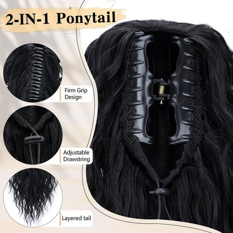 CHRSHN Claw Clip Ponytail Extension Long Black Curly Drawstring Clip in Pony Tails Hair Extensions 26 Inch Synthetic Layered Fluffy Hairpieces for Women