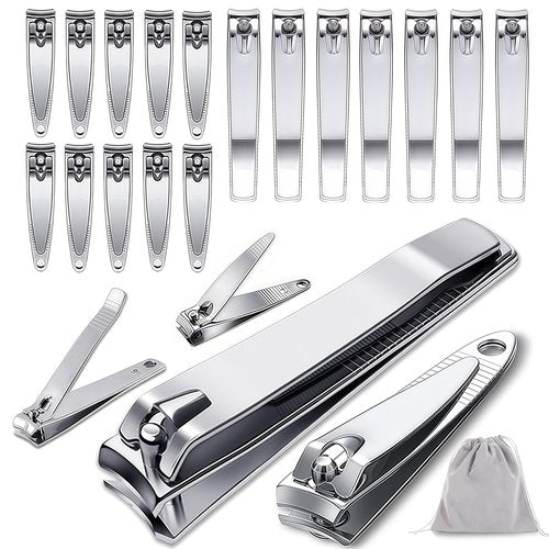 Keeshibao 20-Pack Stainless Steel Fingernail & Toenail Nail Clippers Bulk Set - 12 Small + 8 Medium Size with Storage Pouch, Manicure Kit for Men/Women Travel, Gifts, Homeless Care Supplies