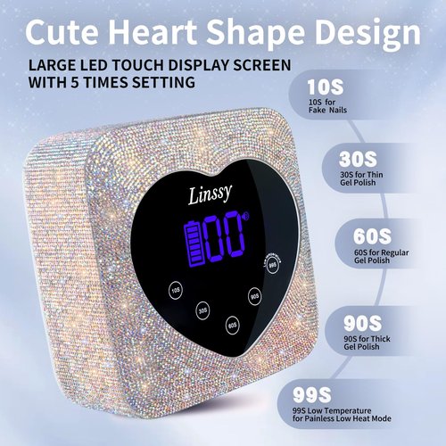 Linssy UV Nail Lamp, 72W Cordless Nail Lamp Nail Dryer with 5 Timer Settings, Large Heart Shape Smart LCD Screen with Touch Control UV Light for Nails, Professional LED Nail Lamp (Diamond)
