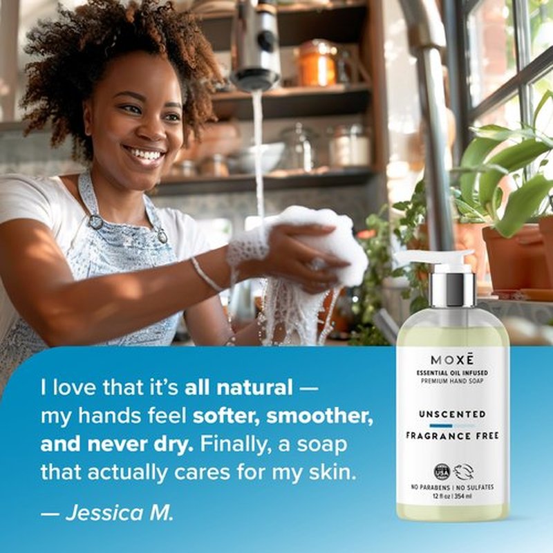 MOXE All Natural Hand Wash – Unscented Fragrance-Free– Gentle Formula, Organic & Plant-Based – For Kitchen & Bathroom – Biodegradable, Vegan, Cruelty-Free, No Sulfates or Parabens – 12 oz