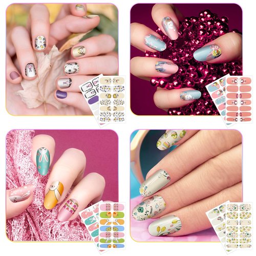 168 Pieces 12 Sheets Easter Nail Wraps Full Art Polish Stickers Spring Easter Self Adhesive Art Decals Strips Eggs Rabbits Chick Sticker with Nail File for Women Girls DIY Manicure