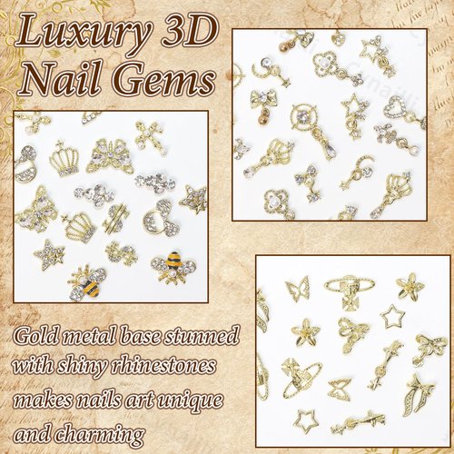 50 Pcs Gold Nail Charms, Gold Dangle Star Heart Bows Nail Charms and Gems Metal Bees Butterfly Crown Planet Cross Dollar Sign Golden Nails Art Supplies for Women DIY Accessories