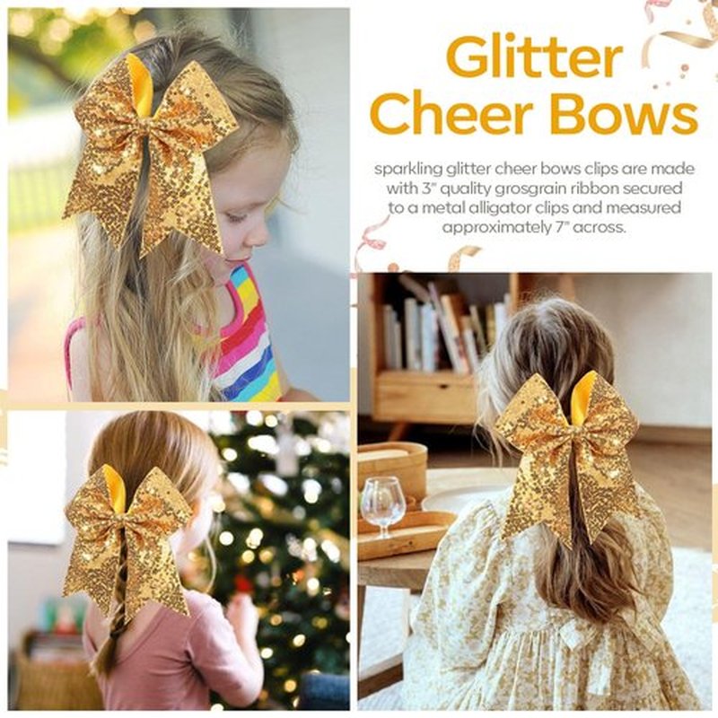 OAOLEER 2PCS Glitter Cheer Hair Bow Clips for Girls, 7 inch Gold Sequin Large Hair Bows Hair Accessories for Girls Teen Softball Cheerleader (Gold)