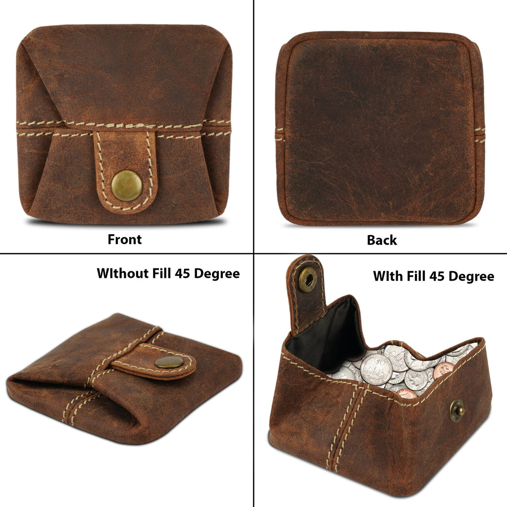 CestAntiQ Leather Coin Pouch | Handmade Full Grain Brown Coin Purse for Men & Women | 3x3 in Vintage Change Holder | Compact Mini Wallet with Snap | Rustic EDC Pocket Ring Pouch Gift for Christmas