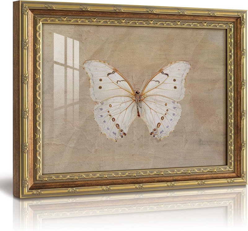 VIYYIEA Glass Gold Framed Wall Art - Vintage White Butterfly Canvas Decor for Home & Office | 13x16 Inch