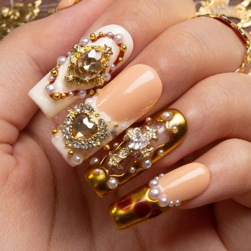 LOVFUL Press on Nails Regal Romance | Handmade with Full Covered Crystals | Reusable Full Cover Nails | Square Classic Regular 1.3 in | H366-S