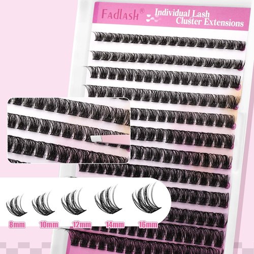 FADLASH Lash Extension Kit Fluffy Lash Clusters 0.07 D Curl Mixed Tray Wispy Eyelash Clusters with Lash Bond and Seal Lash Tweezer Diy Lash Clusters Kit for Beginners at Home(C3-0.07D, 8-16mm Kit)