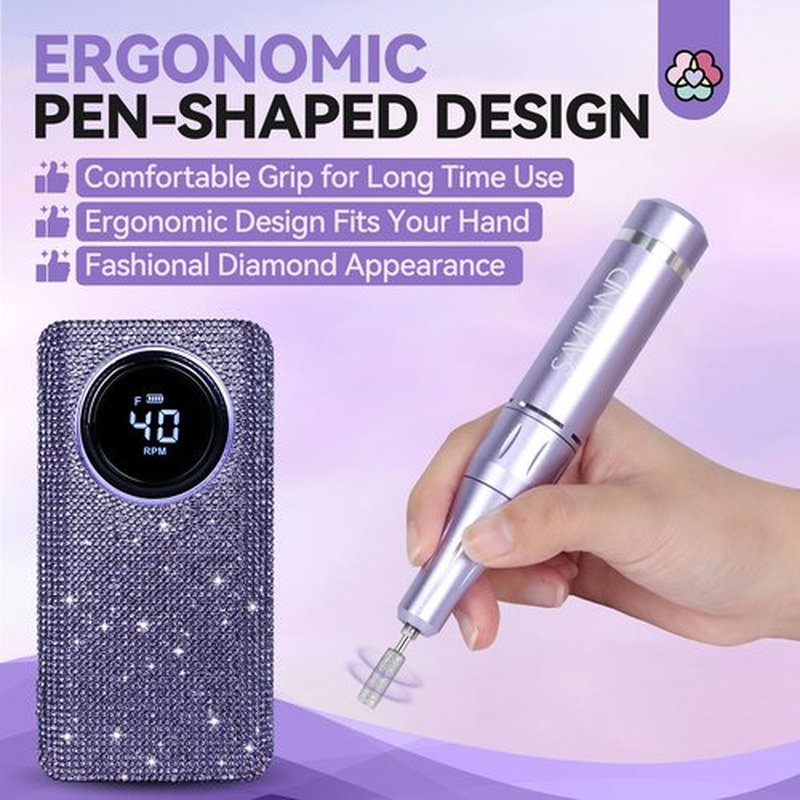 SAVILAND High Speed Nail Drill 40000 RMP: Diamond Shiny Electric Nail File 2600 mAh Rechargeable Nail Drill Kit for Thick Acrylic Nails Removal with Ceramic Drill Bits Sanding Bands Nail Tech Salon