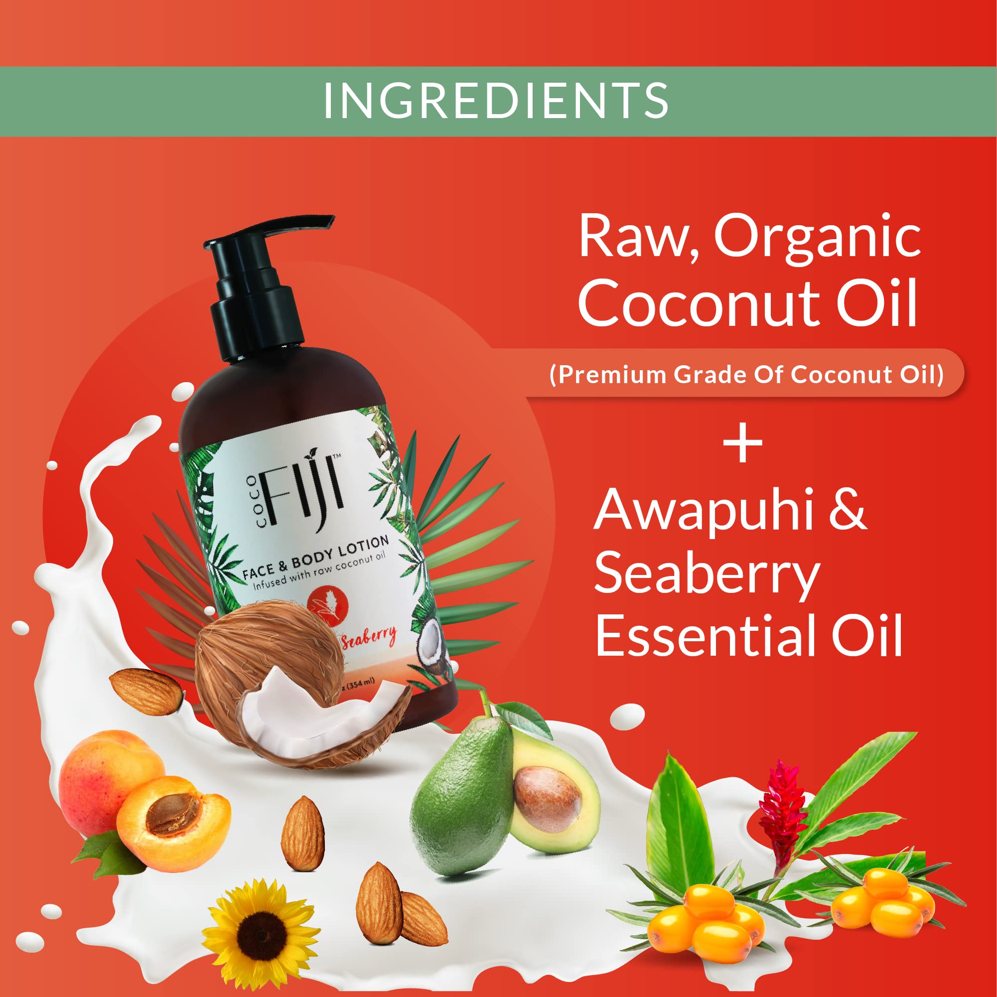 Coco Fiji Face & Body Lotion Infused With Coconut Oil | Lotion for Dry Skin | Moisturizer Face Cream & Massage Lotion for Women & Men | Awapuhi Seaberry 12 oz, Pack of 1