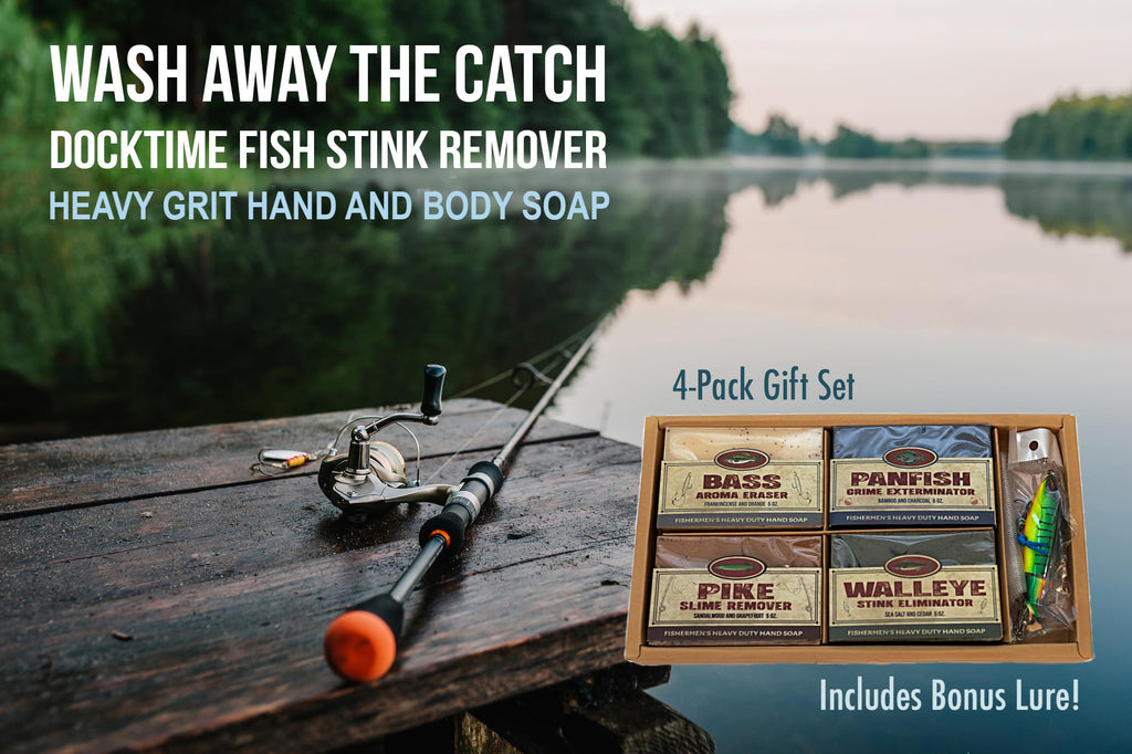 Father's Day Fishermen - 4 Pack Natural Heavy Grit Soap Gift Set – Great Smelling hand & body soap for fishermen. Includes topwater lure and soap sleeve. Fishing Gift Dad Father's Day, Birthday