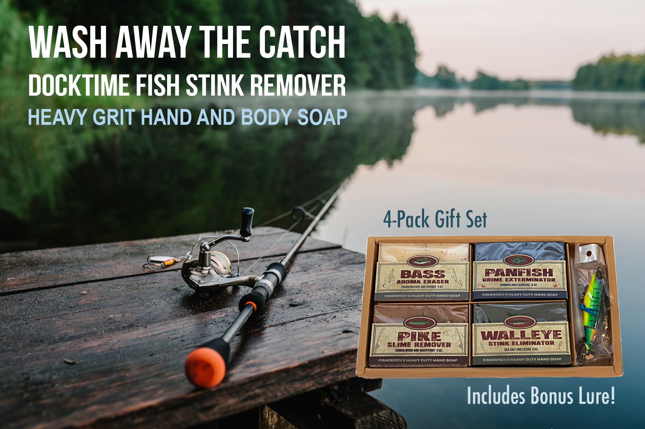 Father's Day Fishermen - 4 Pack Natural Heavy Grit Soap Gift Set – Great Smelling hand & body soap for fishermen. Includes topwater lure and soap sleeve. Fishing Gift Dad Father's Day, Birthday