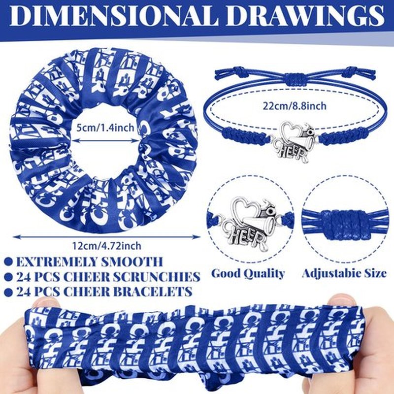 Hanaive 20 Pcs Hair Scrunchies and Adjustable Cheerleader Bracelets, Blue, Hair Ties and Charms for Cheer Team Gifts, Cheerleading Birthday Party