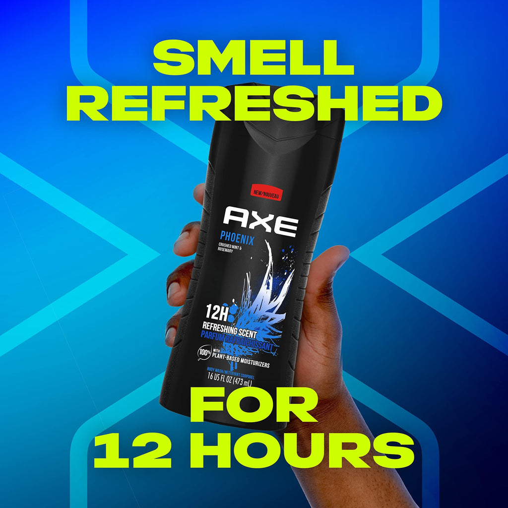 AXE Crushed Mint & Rosemary Body Wash Phoenix 4 Count 12h Refreshing Scent Men's Body Wash with 100% Plant-Based Moisturizers 16 oz
