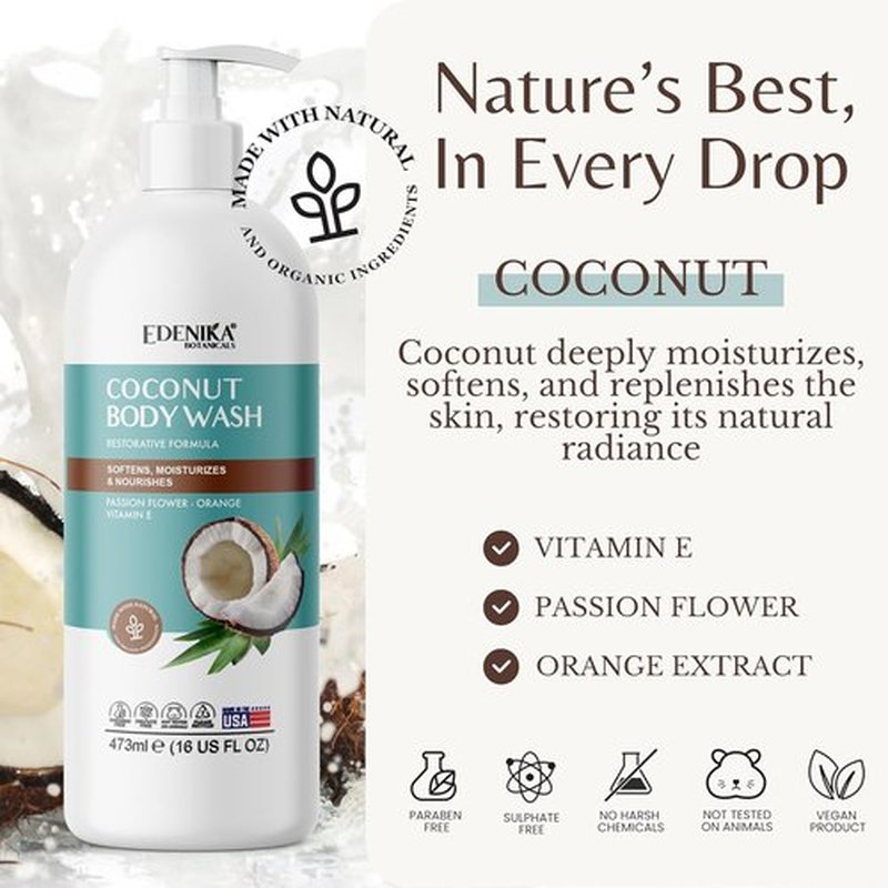 EDENIKA BOTANICALS Coconut Body Wash - Ultra Moisturizing Shower Gel for Dry Skin | 16 fl oz, 2-Pack