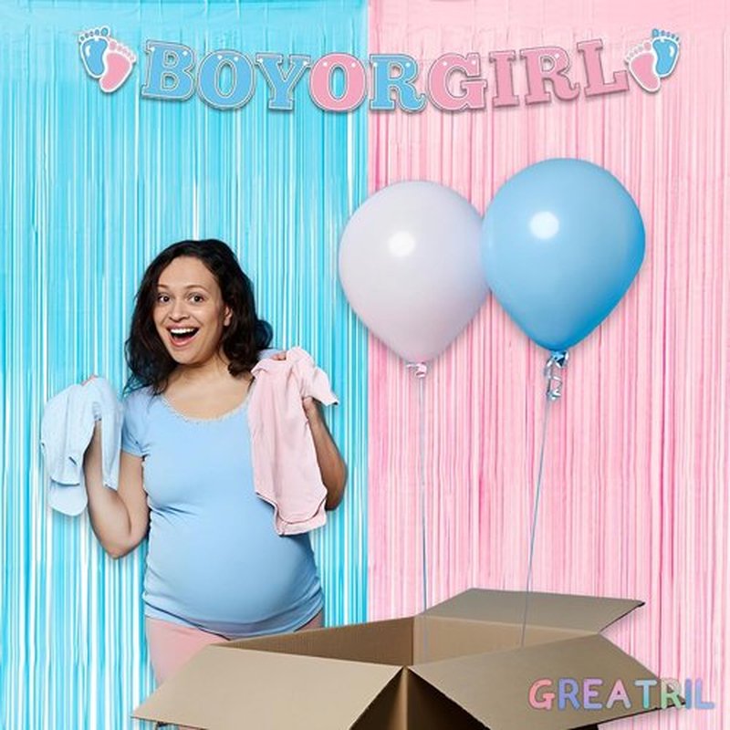 GREATRIL Party Photo Backdrop - Pink & Blue Foil Fringe Tinsel Streamers for Gender Reveal & Birthdays - 3.2ft X 8.2ft | 2 Packs