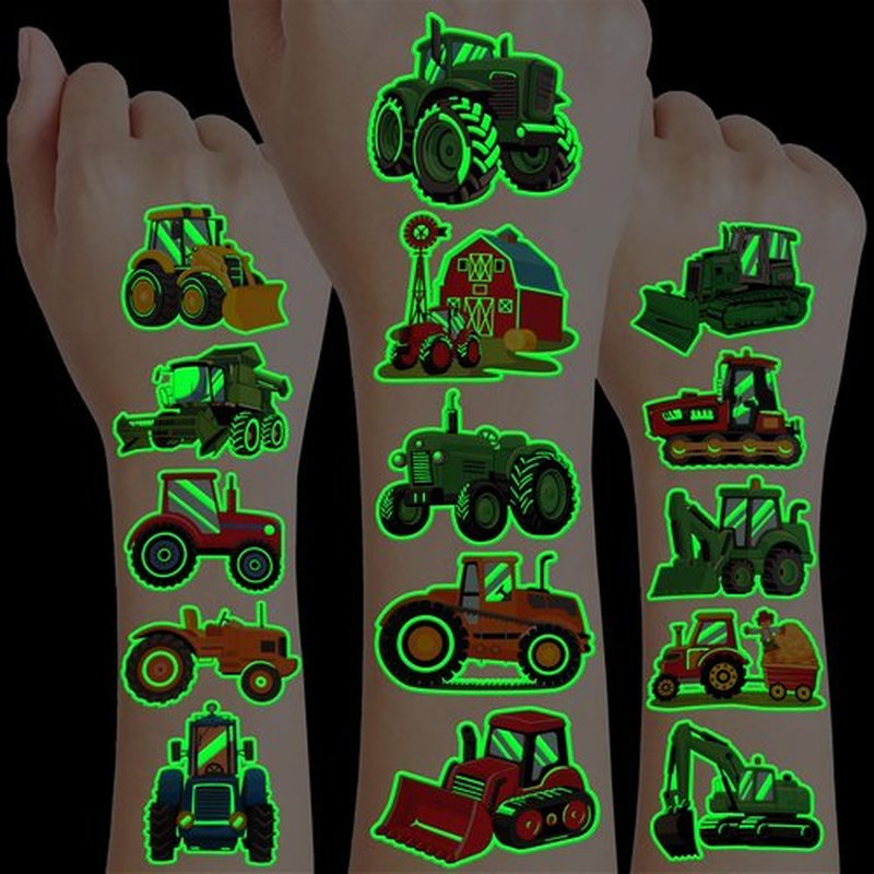 96 PCS Tractor Farm Farmhouse Pre-Cut Luminous Glow in the dark Temporary Tattoos for Kids | Super Cute Theme Birthday Party Favors, Supplies, Decorations, Fake Tattoo Stickers Gifts for Boys Girls