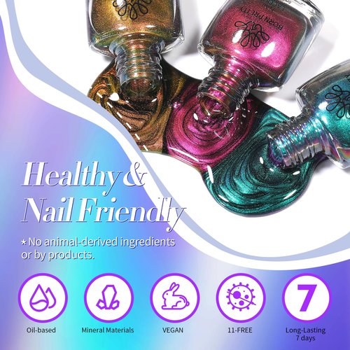 Born Pretty Chameleon Nail Polish Set, 6 Colors Chrome Holographic Metallic Glitter Quick Dry Nail Lacquer Kit Long Lasting DIY Fingernail Art Home Salon Valentines Gifts for Women Girls