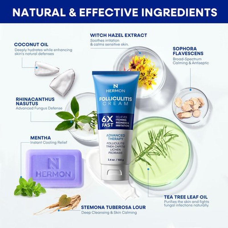 HERMON Folliculitis Treatment Cream & Antifungal Soap Kit: Effective Treatment for Folliculitis Scalp Face & Body and Antifungal Soap with Tea Tree Oil - 3.4 oz Tube / 2 Bars
