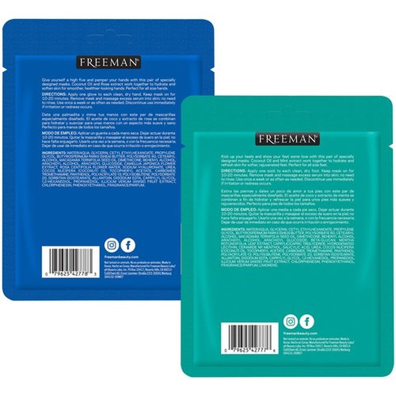 Freeman Flirty Feet Foot Mask & Silky Hands Hand Mask Set – Moisturizing Socks with Coconut Oil & Mint Extract + Hydrating Gloves with Coconut Oil & Rose Extract