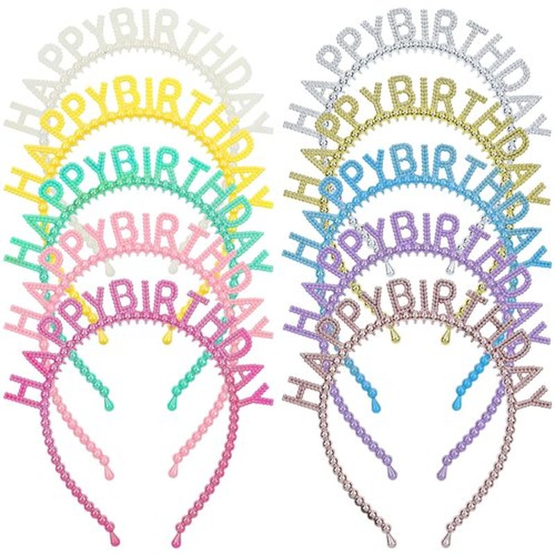 Lawie 10 Colors Pack Bulk Candy Rainbow Colorful Pearl Plastic Happy Birthday Headbands Skinny Hair Bands for Women