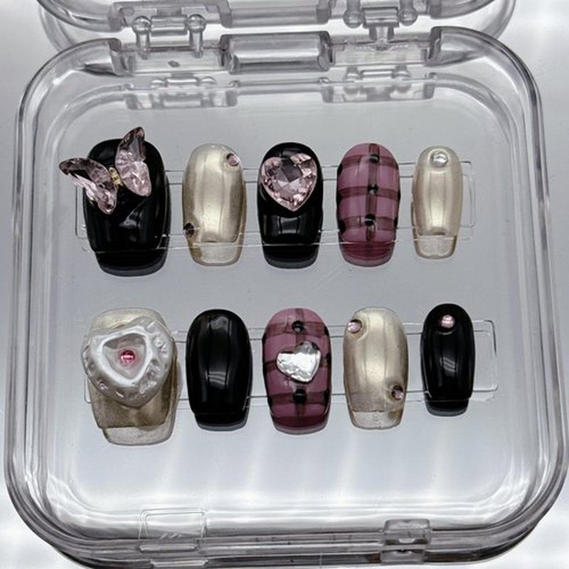 NLSJMP,10Pcs,Size S, 3D Handmade Short Square Press on Nails, Acrylic Fake Nails Kit,Rhinestone Glitter Design Nail Art Kit,Reusable False nails,Include Toolkit,Butterfly