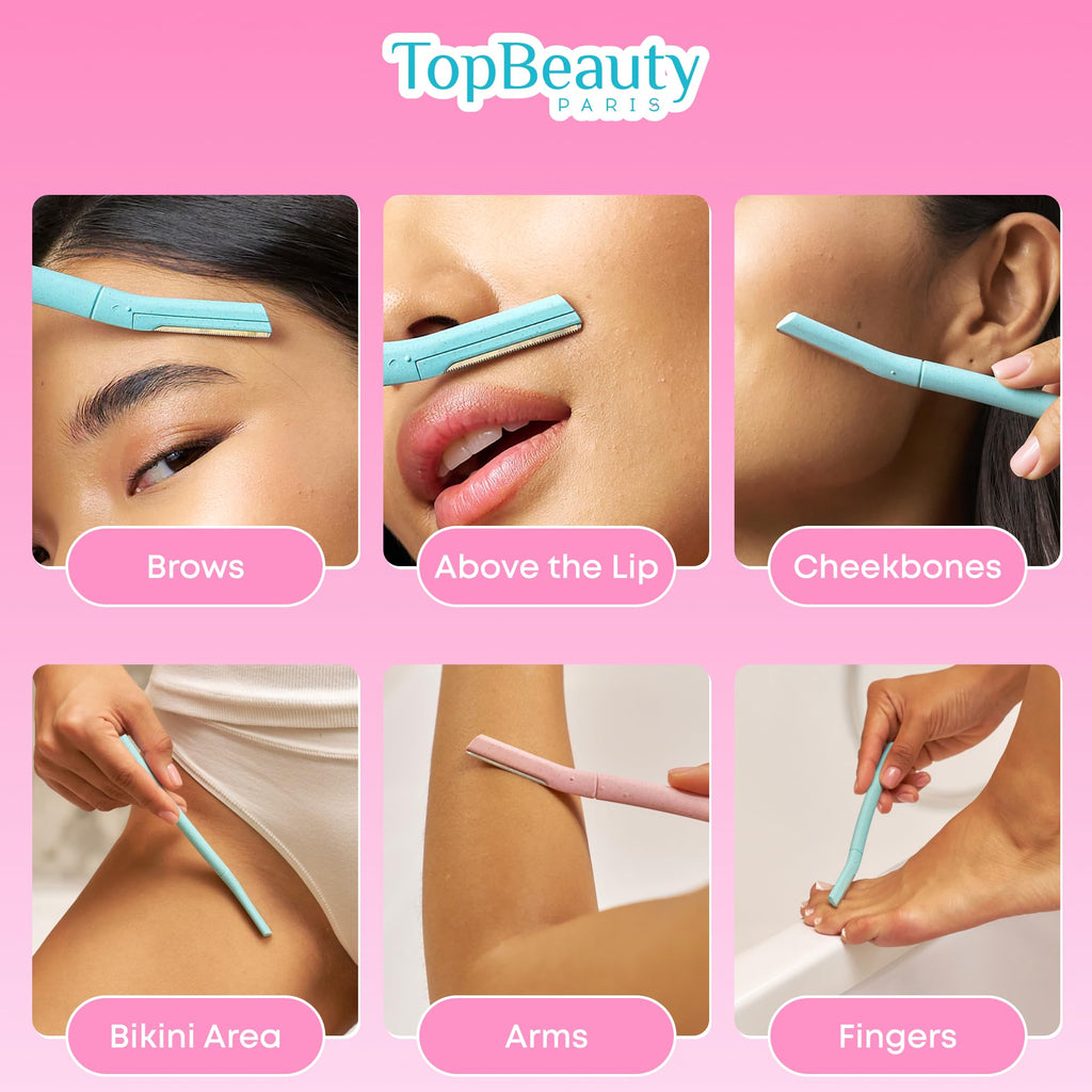 Topbeauty Paris Women Facial Eco Razors - 3 pcs per pack - Wheat Straw Eyebrow Razors - Multipurpose Facial Body Hair Peach Fuzz Removal Trimmer Shaver - Dermaplaning Tool - Protective Safety Cover