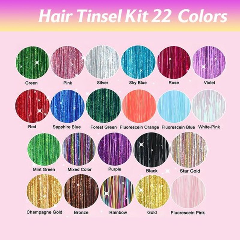 GTTUKK 6600+ Strands Hair Tinsel Kit with Tools, 22 Colors 48 Inch Fairy Hair Extensions with Silicone Beads, Plier & Hook for Women Party(With 1 plier)