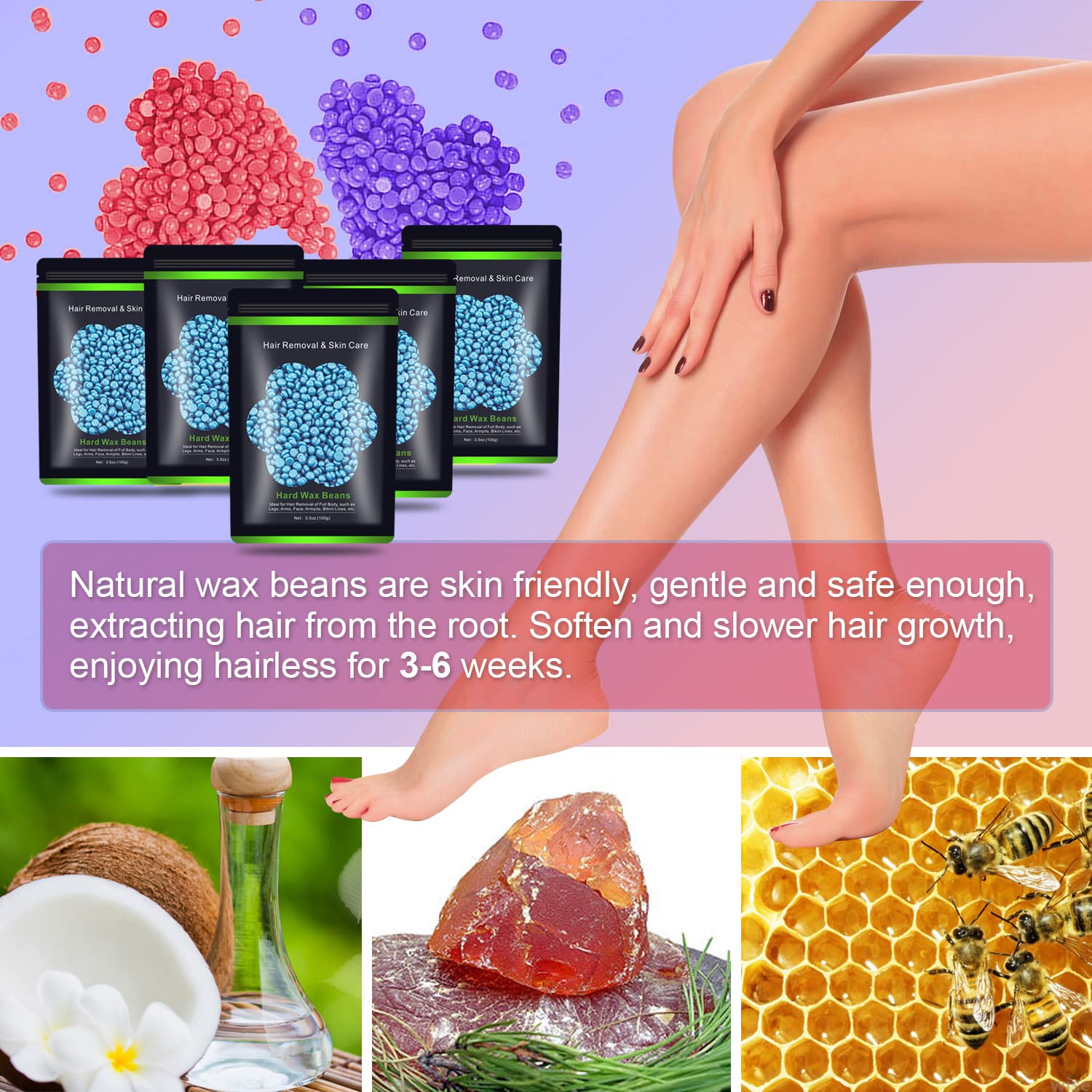 Hard Wax Beans 17.5Oz, Hair Removal Body European Brazilian Pearl Waxing Beads For Women Men Include 10 Waxing Spatulas For Bikini, Eyebrow, Face, Armpit 5 Packs